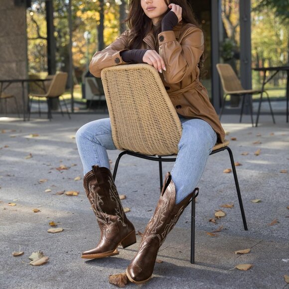 🆕Women Dark Brown Synthetic Embroidered Pointy Toe Comfortable Chunky Heel Boot - Picture 5 of 7